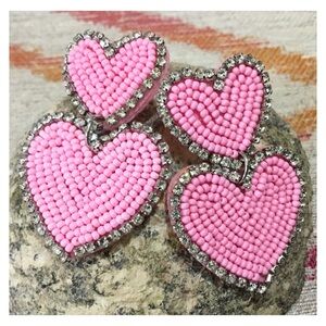 New! Large Pink Bead Rhinestone Hearts Studded Earrings